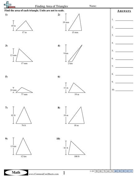 Area & Perimeter Worksheets - Finding Area of Triangles  worksheet